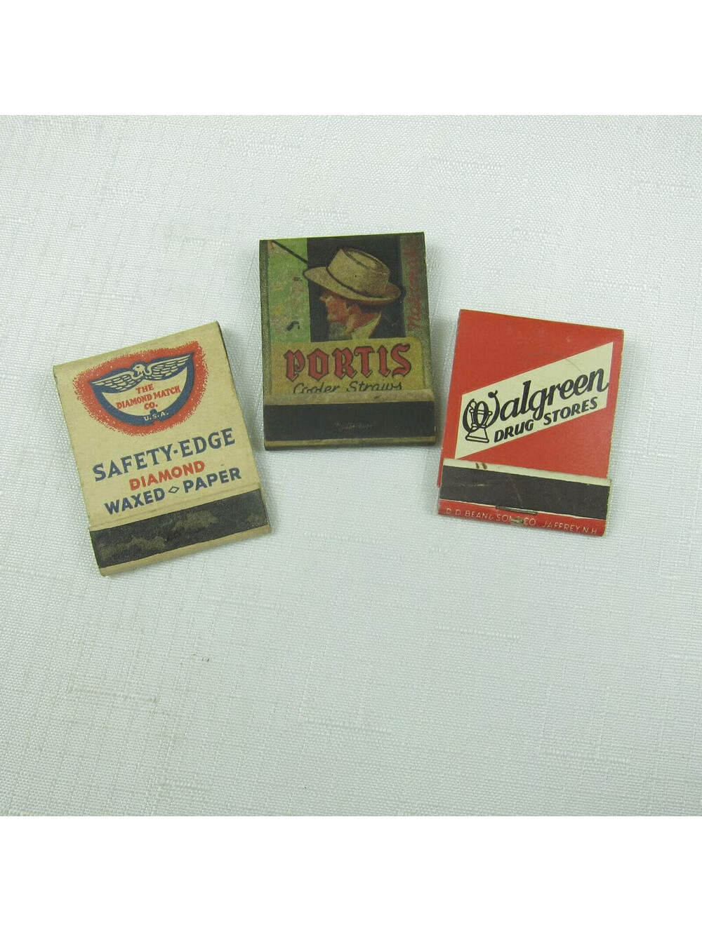 3 Vintage Matchbook SafetyEdge Diamond Wax Paper Portis Hats Walgreen Drug Store